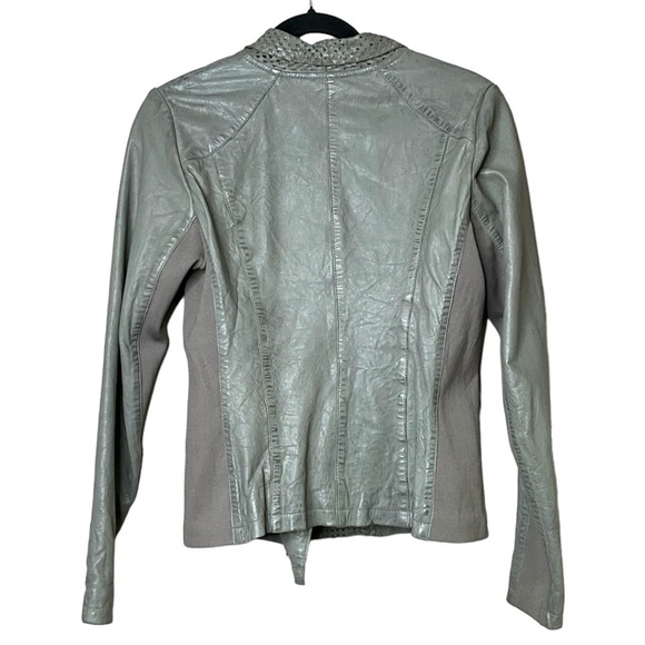 BANO EEMEE Genuine Leather Moto Jacket Zip Pockets Grey / Green Colour US Sz 6 - Picture 3 of 11